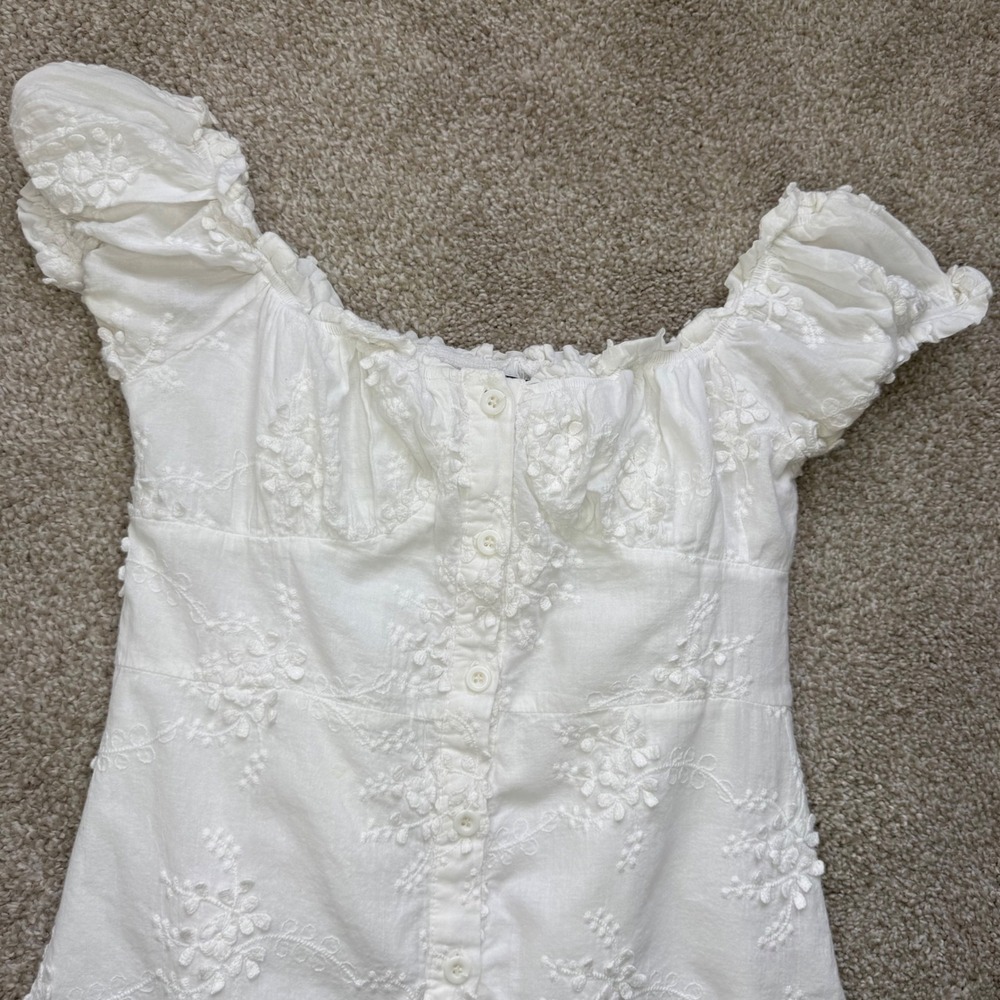 O.P.T Women's White Cotton Babydoll Milkmaid Eyelet Summer Dress Small Romantic - Picture 8 of 16